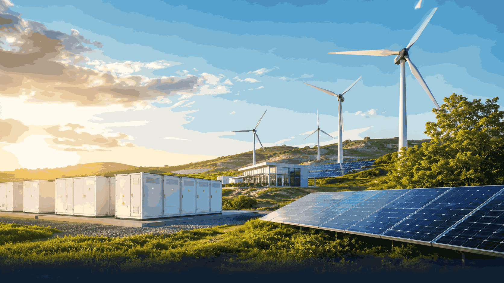 Photo of a solar and windfarm in lush green countryside
