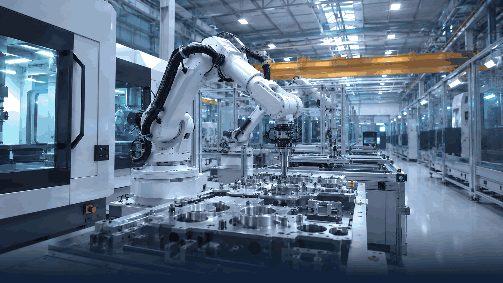 Photo of robotic arms in a manufacturing production line