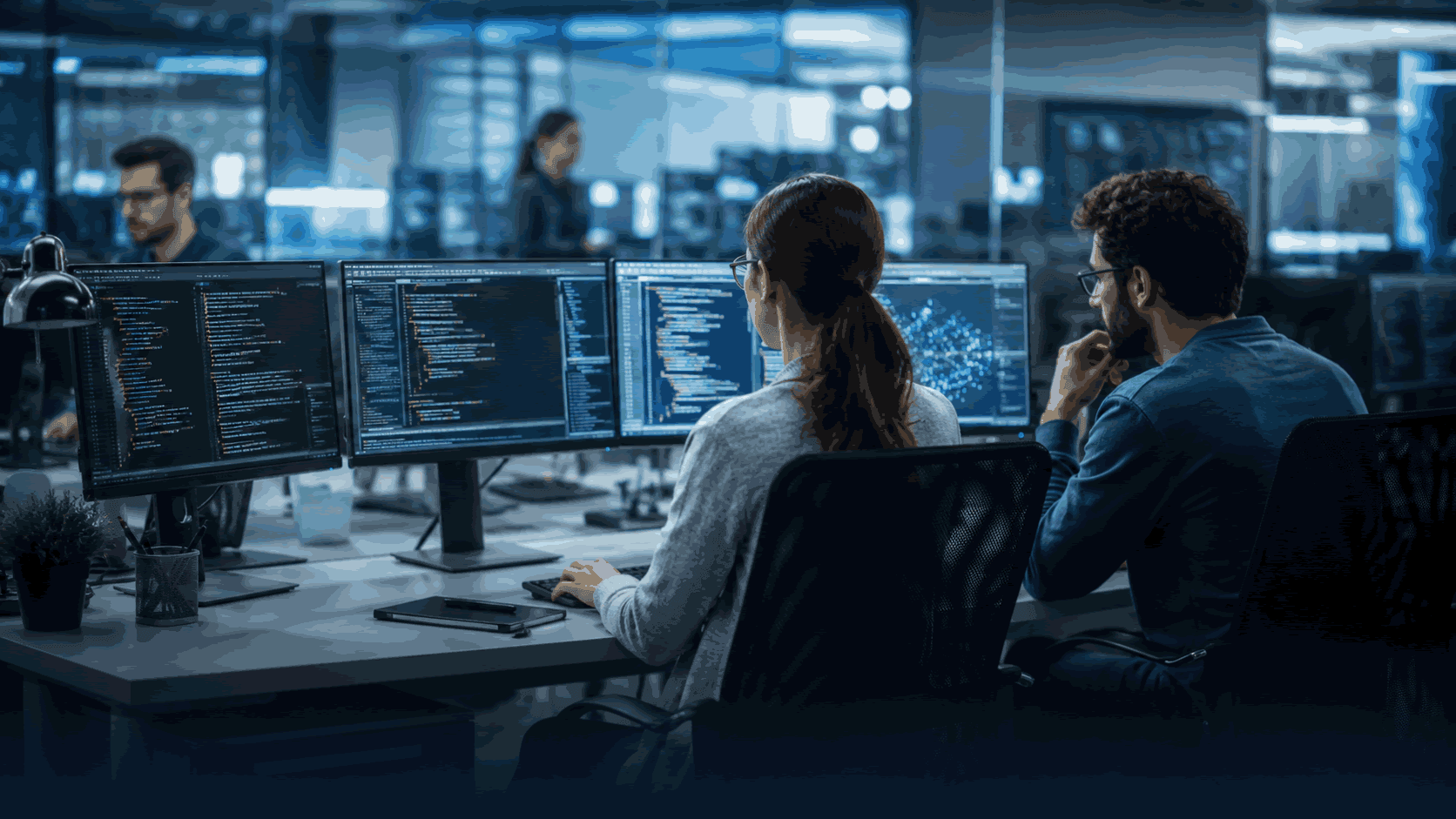 Photo of a male and female software developer sat at a computer